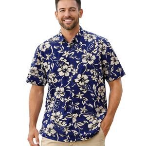Hilo Hatties Men’s Medium Hawaiian Shirt Blue Cotton 42 Chest Short Sleeve
